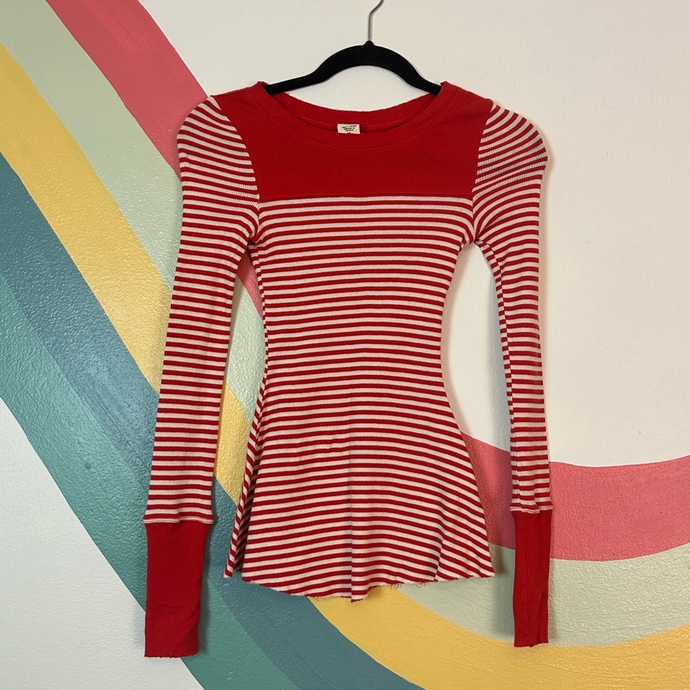 Free People Raw Hem Red and White Stripe Fit and Flare Cuffed Long Sleeve Top